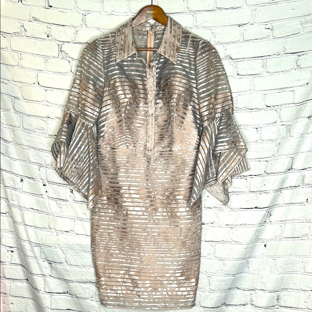Badgley Mischka Gray Pink Long Sleeve Fitted Dress Size 10 Excellent Condition
